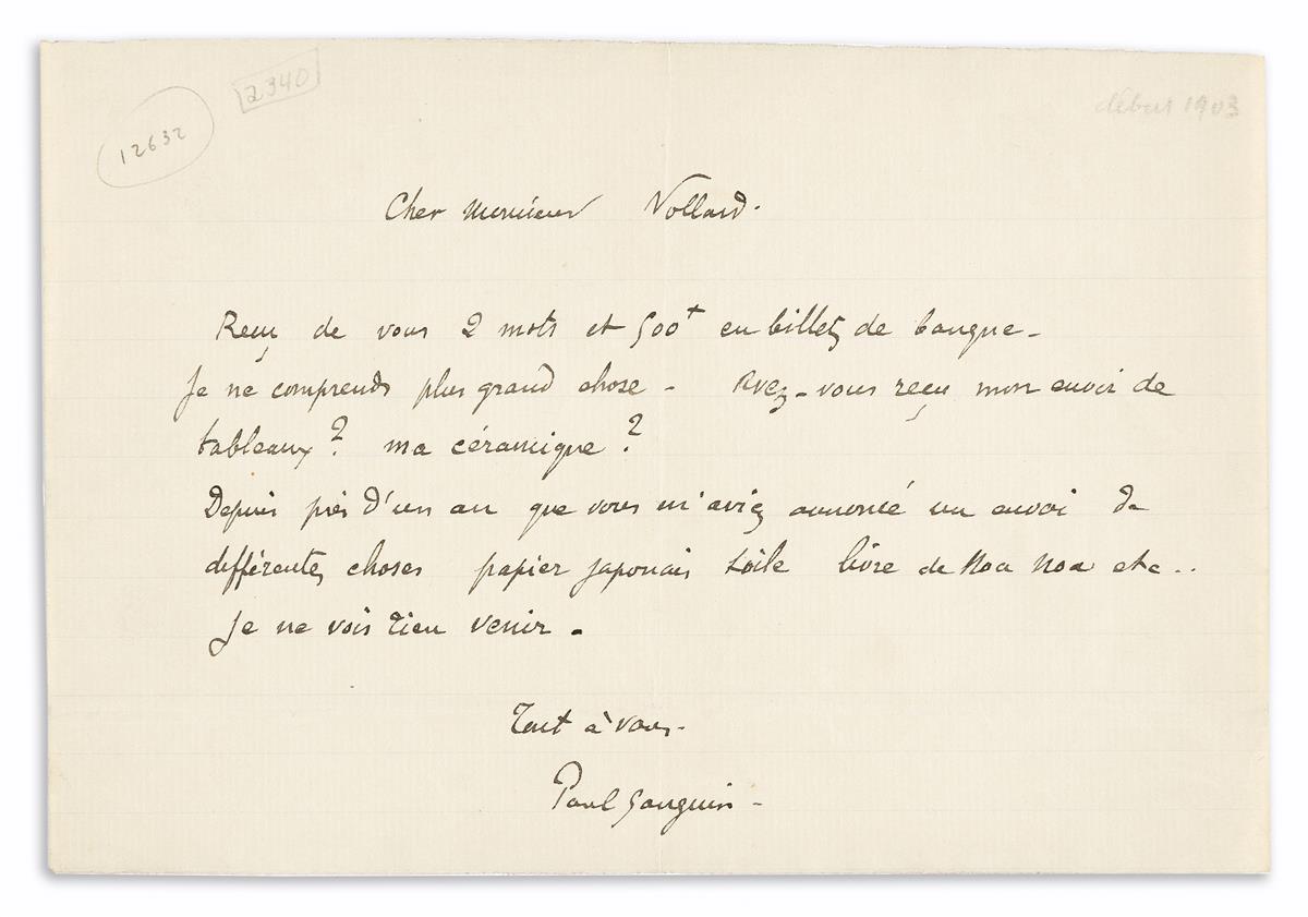 GAUGUIN, PAUL. Autograph Letter Signed, to his dealer Ambroise Vollard (Dear Mr. Vollard), in French,